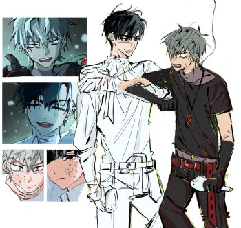 2boys alien_stage alternate_costume alternate_universe arcorclynn belt black_eyes black_gloves black_hair black_pants black_shirt commentary english_commentary fang gloves green_eyes grey_hair highres holding holding_microphone ivan_(alien_stage) jewelry long_sleeves male_focus microphone multiple_boys necklace open_mouth pants red_belt shirt short_hair short_sleeves till_(alien_stage) torn_clothes torn_gloves very_short_hair white_gloves white_pants white_shirt