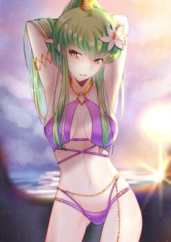 1girl absurdres alternate_costume armpits arms_behind_head arms_up bikini bloom blurry blurry_background breasts breasts_apart budgiepon c.c. code_geass commentary cowboy_shot curvy flower gluteal_fold green_hair groin hair_between_eyes hair_flower hair_ornament hair_over_breasts head_tilt highres large_breasts light_particles long_hair looking_at_viewer midriff navel parted_lips ponytail purple_bikini sidelocks smile solo standing stomach straight_hair sunset swimsuit v-shaped_eyebrows wet wet_hair white_flower yellow_eyes