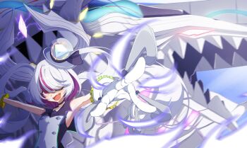 1girl absurdres armpits black_choker choker dress duel_masters fang gloves gradient_clothes grey_hair hat highres horns idol_clothes kouchi_no_chouten_radio_roses long_hair monster multicolored_hair one_eye_closed open_mouth pengcake pink_eyes sleeveless sleeveless_dress top_hat twintails upper_body white_gloves