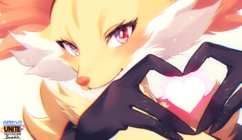 black_fur blush copyright_name delphox english_text gen_6_pokemon heart heart_hands logo looking_at_viewer multicolored_fur nintendo pokemon pokemon_(creature) pokemon_unite portrait red_eyes red_fur simple_background solo suahh white_fur yellow_fur