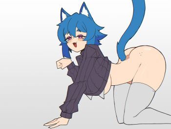 1girl all_fours animal_ear_fluff animal_ears arched_back ass ass_freckles black_sweater blue_hair blush body_freckles bottomless breasts cat_ears cat_girl cat_tail cropped_sweater doce eyeshadow fang feet_out_of_frame female_focus freckles grey_background grey_thighhighs half-closed_eyes highres looking_at_viewer makeup open_mouth original paw_pose pink_eyes short_hair skin_fang smile solo sweater tail thighhighs turtleneck turtleneck_sweater underboob xiao_(docecaedrus)