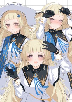 1girl absurdres black_collar black_gloves blonde_hair blue_sash blush closed_mouth collar commentary_request flying_sweatdrops gloves grid_background hair_ornament hairband hand_up hat highres kuramoto_beta-carotene long_hair long_sleeves looking_at_viewer phoebe_(wuthering_waves) purple_eyes sash second-party_source shirt skirt tearing_up white_background white_hairband white_hat white_shirt white_skirt wuthering_waves x_hair_ornament