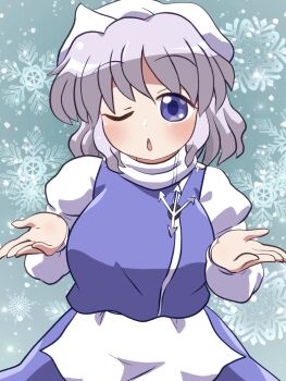 1girl ;o apron blush commentary_request cowboy_shot green_background grey_hair hands_up hat highres lapel_pin letty_whiterock long_sleeves one_eye_closed open_mouth purple_eyes purple_skirt purple_vest rokugou_daisuke shirt short_hair signature skirt skirt_set snowflakes solo touhou vest waist_apron white_apron white_hat white_shirt