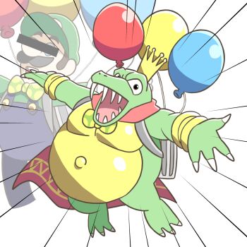 Rule 34 | 2boys, balloon, black eyes, blue overalls, bow, bowtie, bracelet, cape, censored, censored identity, crocodilian, crown, donkey kong (series), emphasis lines, fat, fat man, green hat, green shirt, hat, highres, jewelry, king k. rool, luigi, mario (series), mini crown, multiple boys, nintendo, open mouth, overalls, polka dot bow, polka dot bowtie, red cape, shirt, super mario odyssey, wankosobatarou, white background