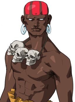 Rule 34 | 1boy, bald, bengus, bindi, dhalsim, earrings, facepaint, game cg, highres, jewelry, looking at viewer, male focus, muscular, muscular male, necklace, no pupils, non-web source, official art, portrait, simple background, skull necklace, solo, street fighter, street fighter zero (series), upper body, white background, white eyes
