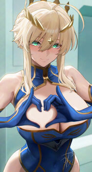 1girl ahoge artoria_pendragon_(fate) artoria_pendragon_(lancer)_(fate) blonde_hair blue_gloves blue_leotard braid braided_bun breasts cleavage closed_mouth commentary_request covered_navel crown elbow_gloves fate/grand_order fate_(series) gloves green_eyes hair_between_eyes hair_bun heart-shaped_boob_challenge heattech_leotard highleg highleg_leotard highres indoors large_breasts leotard long_hair looking_at_viewer sidelocks smile solo turtleneck yamaneko_(tkdrumsco)