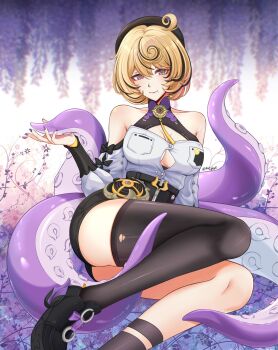 1girl accessories ahc_syl ass bare_shoulders black_bow black_hat black_shoes black_shorts black_thighhighs blonde_hair blurry blurry_background bow breasts button_gap cleavage closed_mouth commentary detached_sleeves english_commentary flower footwear_ribbon grass hair_between_eyes hat high-waist_shorts highres looking_at_viewer medium_breasts mole mole_under_mouth monster_girl on_ground purple_eyes purple_flower purple_nails ringed_eyes scylla shirt shoes short_hair shorts single_thighhigh sitting smile solo suction_cups tentacle_girl tentacle_tail tentacles thighhighs torn_clothes torn_thighhighs twitter_username white_shirt white_sleeves yidhari_murphy zenless_zone_zero