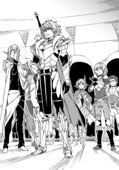 1girl 5boys adjusting_clothes adjusting_eyewear adjusting_gloves allen_fromel animal_ears armor armored_boots bell_cranel boots breastplate cape cat_boy cat_ears closed_mouth cuirass dungeon_ni_deai_wo_motomeru_no_wa_machigatteiru_darou_ka elf glasses gloves greyscale haimura_kiyotaka hand_on_own_hip hand_up hedin_selland highres lefiya_viridis leon_vardenburg long_hair monochrome multiple_boys novel_illustration official_art pants parted_lips pauldrons pelvic_curtain pointy_ears raul_nord shirt short_hair shoulder_armor standing sword sword_on_back sword_oratoria third-party_source weapon weapon_on_back