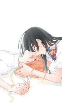 2girls black_eyes black_hair eye_contact highres koito_yuu long_hair long_sleeves looking_at_another lying multiple_girls nanami_touko neck_ribbon on_back orange_eyes orange_hair red_ribbon ribbon shirt short_hair simple_background tasuku2218 white_background white_shirt yagate_kimi_ni_naru yuri