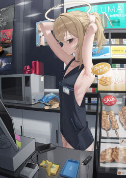 1girl absurdres ad adjusting_hair angel armpits arms_up ashal_(mansu) bag bikini black_bikini black_eyes black_jacket blonde_hair breasts cabinet candle card_reader cellphone chips_(food) closed_mouth commentary_request cracked_screen english_text expressionless fallen_angel food from_side halo highres jacket korean_text long_hair long_sidelocks looking_at_viewer mansu_(mansu113355) medium_breasts microwave monitor naked_jacket neck_tattoo no_bra no_wings original phone poster_(object) reflection reflective_wall sale scissor_tattoo sideboob sidelocks skinny smartphone solo standing sticky_note storefront swimsuit tattoo traditional_halo tying_hair