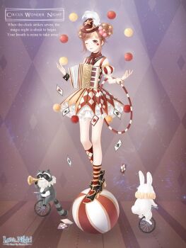 1girl accordion animal ankle_socks argyle_background argyle_clothes argyle_dress argyle_socks artist_request asymmetrical_legwear ball bare_shoulders black_boots black_wrist_cuffs boots brown_eyes brown_hair card character_name circus_night_(miracle_nikki) closed_mouth clothed_animal clown copyright_logo detached_sleeves dot_nose double_bun dress english_text eyelashes facial_tattoo frilled_skirt frilled_sleeves frills full_body hair_bobbles hair_bun hair_ornament happy hat hat_feather heart heart_print high_heel_boots high_heels holding holding_instrument holding_trumpet instrument juggling kneehighs knees light_blush light_particles logo looking_at_viewer mini_hat mini_top_hat miniskirt miracle_nikki mismatched_legwear mismatched_wrist_cuffs music neck_ruff nikki_(series) official_art one_eye_closed playing_card playing_instrument pom_pom_(clothes) print_boots print_headwear puffy_short_sleeves puffy_sleeves purple_background rabbit raccoon red_dress red_hat red_scarf red_socks scarf shadow short_hair short_sleeves sidelocks single_kneehigh single_sock skirt skirt_under_dress sleeveless sleeveless_dress smile socks solo split-color_clothes spotlight standing standing_on_ball star_(symbol) star_hair_ornament star_print star_tattoo striped_clothes striped_dress striped_socks tareme tattoo third-party_source top_hat trumpet two-tone_dress two-tone_socks unicycle vertical-striped_clothes vertical-striped_dress white_skirt white_sleeves white_wrist_cuffs wrist_cuffs yellow_dress yellow_socks
