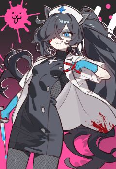 1girl absurdres animal_ears black_dress black_hair blood blood_on_clothes blood_on_face blue_eyes bodystocking breasts cat_ears cat_girl coat dress extra_ears fishnet_bodystocking fishnets gloves grin hair_over_one_eye hat highres holding holding_syringe kasli_(nyanko_daisensou) lab_coat long_hair nurse_cap nyanko_daisensou open_clothes open_coat pale_skin pink_background ponytail rubber_gloves shaded_face short_dress short_sleeves small_breasts smile solo syringe v very_long_hair