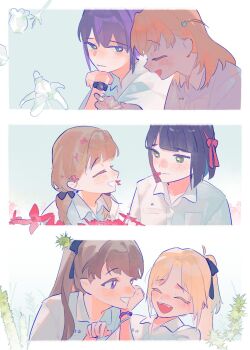 6+girls :d ^_^ ahoge alternate_universe black_bow black_hair black_ribbon blonde_hair bow brown_hair closed_eyes commentary_request facing_another fang flower flower_in_mouth fujishima_megumi green_eyes grin hair_bow hair_ornament hair_ribbon highres hinoshita_kaho jasmine_(flower) kachimachi_kosuzu link!_like!_love_live! looking_at_another looking_to_the_side love_live! low_twintails medium_hair momose_ginko mouth_hold multiple_girls open_mouth orange_hair osawa_rurino otomune_kozue pipi_(m1x_mix) ponytail purple_eyes rabbit_hair_ornament red_flower red_ribbon ribbon school_uniform sidelocks smile star_pin thai_commentary thai_school_uniform twintails two_side_up virtual_youtuber watch white_flower wristwatch