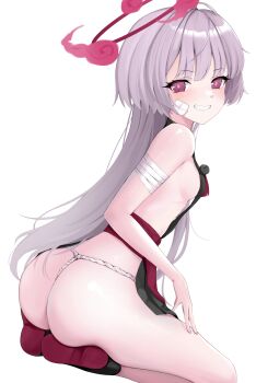 1girl absurdres ass backless_outfit bandaged_arm bandages bare_arms bare_shoulders blue_archive blush breasts commentary_request from_behind fundoshi g-string gauze gauze_on_cheek grey_hair grin halo highres hitodama japanese_clothes loli long_hair looking_at_viewer obi purple_eyes sash seiza shawn358 shuro_(blue_archive) sideboob sideless_outfit simple_background sitting small_breasts smile solo thong white_background