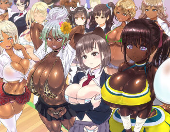 6+girls alexis_(rebis) ass blonde_hair breasts brown_hair butt_crack button_gap dark-skinned_female dark_skin female_focus female_protagonist_(pokemon_go) gyaru huge_ass huge_breasts maaya_(rebis) mina_(rebis) multiple_girls rebis school_uniform seina_(rebis) skirt tisha_(rebis) very_dark_skin