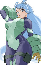 Rule 34 | 1girl, absurdres, blue bodysuit, blue eyes, blue hair, bodysuit, boku no hero academia, covered navel, drill hair, fengling (furin-jp), gloves, green bodysuit, hadou nejire, highres, long hair, multicolored bodysuit, multicolored clothes, open mouth, simple background, solo, twin drills, unfinished, white background, yellow gloves