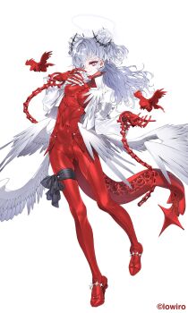 1girl arcaea bird bodysuit chain feathered_wings fingernails grey_hair hair_over_one_eye highres long_hair orihira purple_eyes red_bodysuit simple_background solo white_background wings