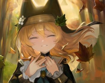 1girl blue_archive closed_eyes commentary_request dokomon halo highres korean_commentary leaf mari_(blue_archive) nun orange_hair smile solo yellow_halo