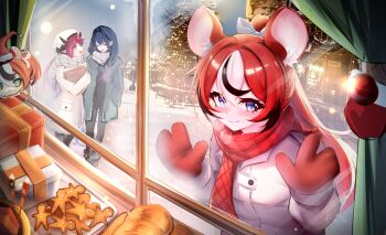 3girls absurdres against_glass alternate_costume animal_ear_fluff animal_ears bag black_boots black_bow black_hair black_pants black_streaks blue_eyes blush boots bow box bread christmas_ornaments closed_eyes coat commentary curtains demon_horns double-parted_bangs facial_hair food gi_end gift gift_box gingerbread_man gloves green_coat hair_between_eyes hair_intakes hakos_baelz hand_on_glass hat heterochromia highres holding holding_bag hololive hololive_english holopromise horns irys_(hololive) long_hair looking_at_viewer mouse_ears mouse_tail multicolored_hair multiple_girls mustache open_mouth ouro_kronii pants pastry pointy_ears ponytail purple_eyes purple_hair red_gloves red_hair red_scarf santa_costume santa_hat scarf sky smile smol_baelz snow standing stuffed_toy tail town tray tree virtual_youtuber walking white_coat white_hair white_hat white_scarf window winter