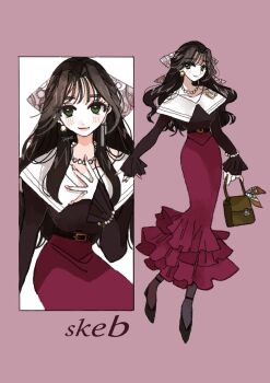 1girl bag bead_necklace beads black_hair closed_mouth commission eyelashes frilled_skirt frills green_eyes highres holding holding_bag jewelry long_hair long_skirt looking_at_viewer multiple_views nail_polish necklace original pantyhose pink_lips pink_nails purple_skirt red_background simple_background skeb_commission skirt smile standing wavy_hair yasu_urayaka