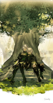 1boy 1girl 2b_(nier:automata) 9s_(nier:automata) absurdres black_boots black_dress black_gloves black_hairband black_shirt boots breasts closed_eyes closed_mouth commentary_request cracked_skin dress flower flower_over_eye gloves grass hairband highres holding_hands knee_boots korean_commentary medium_breasts nahonanaho nier:automata nier_(series) one_eye_covered parted_lips shade shirt short_hair sleeping thigh_boots tree under_tree white_hair