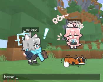 ! 2girls :d ahoge animal_ears axe black_footwear black_skirt blue_archive blue_eyes blue_halo blue_jacket blue_necktie blue_scarf blush_stickers bone character_name chibi chibi_only closed_eyes collared_shirt cowering day english_text facing_viewer fang fox fox_(minecraft) game_screenshot_background grass grey_hair halo highres holding holding_axe holding_bone hoshino_(blue_archive) ishikoro24 jacket korean_text long_hair long_sleeves looking_at_another medium_hair minecraft multiple_girls necktie notice_lines open_mouth outdoors parody pink_hair pink_halo profile scared scarf screenshot_background shiroko_(blue_archive) shirt skin_fang skirt smile standing translation_request tree trembling white_shirt wolf_ears wolf_girl