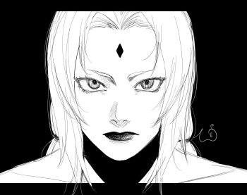 1girl bare_shoulders collarbone commentary_request expressionless facial_mark forehead forehead_mark highres letterboxed low_twintails may_c monochrome naruto_(series) portrait signature sketch solo tsunade_(naruto) twintails