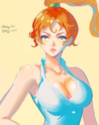 Rule 34 | 1girl, ai-assisted, blue shirt, breasts, cleavage, commentary, english commentary, floating hair, hair tie, halter shirt, halterneck, hand on own hip, heyy vivii, high ponytail, highres, looking ahead, nami (one piece), one piece, orange eyes, orange hair, orange lips, shirt, sidelighting, solo, twitter username, upper body, yellow background