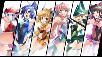 6+girls :d akatsuki_kirika armpits bike_shorts black_hair blonde_hair blue_eyes blue_hair blue_leotard blunt_bangs breasts breasts_apart brown_eyes cleavage floating_hair green_eyes green_leotard green_panties green_skirt hair_between_eyes headphones high_ponytail highleg highleg_leotard highres holding holding_polearm holding_weapon kazanari_tsubasa leotard long_hair maria_cadenzavna_eve medium_breasts midriff miniskirt multiple_girls navel nyanmaru open_mouth orange_shorts panties pink_hair pink_skirt pleated_skirt polearm ponytail purple_eyes red_leotard senki_zesshou_symphogear short_shorts shorts side_ponytail sideboob silver_hair skirt small_breasts smile split_screen stomach striped_clothes striped_panties tachibana_hibiki_(symphogear) thighhighs tsukuyomi_shirabe twintails underwear very_long_hair weapon white_background white_legwear yellow_eyes yukine_chris