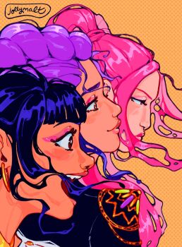 3girls black_hair braid braided_ponytail earrings eyelashes eyeshadow floating_hair highres jewelry kpop_demon_hunters lenesketch looking_ahead makeup mira_(kpop_demon_hunters) multiple_girls open_mouth orange_background pink_eyeshadow pink_hair profile purple_hair rumi_(kpop_demon_hunters) short_bangs signature simple_background smile zoey_(kpop_demon_hunters)
