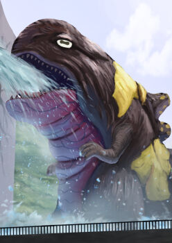 1other check_commentary commentary_request dam day drinking dugrid giant giant_monster highres horizontal_pupils kaiju mountain no_humans open_mouth outdoors partial_commentary railing salamander sharp_teeth sky solo spines teeth tokusatsu tongue ultra_series ultraman_omega_(series) veins water waterfall yamakazema