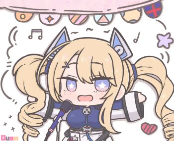 1girl arms_out_to_sides arms_outstretched azur_lane banner belt blonde_hair blue_eyes breasts chibi chibi_only drill_hair english_text futaba guam_(azur_lane) hair_ornament hair_scrunchie large_breasts love_heart microphone multicolored_eyes musical_note open_mouth scrunchie star-shaped_pupils star_(symbol) symbol-shaped_pupils twin_drills twintails two-tone_eyes
