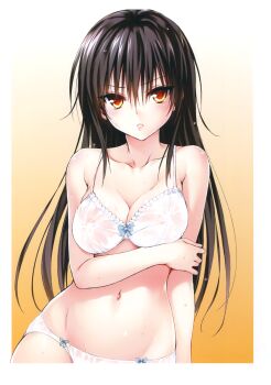 10s 1girl absurdres black_hair blush bra breast_hold breasts cleavage covered_erect_nipples female_focus highres kotegawa_yui long_hair looking_at_viewer medium_breasts navel official_art panties parted_lips red_eyes reference_work see-through_clothes solo to_love-ru to_love-ru_darkness underwear wet wet_clothes yabuki_kentarou