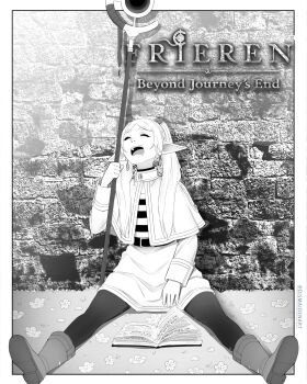 1girl absurdres boots capelet closed_eyes copyright_name dismaiden elf frieren greyscale highres holding holding_staff long_hair mage_staff monochrome open_mouth pantyhose pointy_ears shirt skirt sleeping solo sousou_no_frieren staff striped_clothes striped_shirt twintails