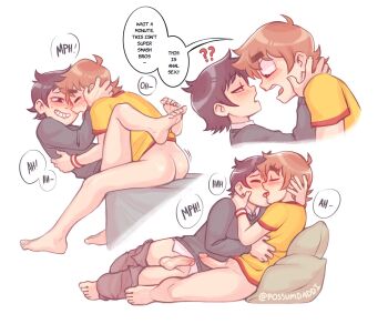 2boys ? ?? ahoge artist_name barefoot black_hair blush bottomless closed_eyes commentary english_commentary english_text french_kiss full_body half-closed_eyes highres kiss looking_at_another male_focus moaning multiple_boys orange_hair pillow possumdaddi scott_pilgrim scott_pilgrim_(series) scott_pilgrim_takes_off short_hair simple_background sitting surprised teeth testicles thick_eyebrows todd_ingram toes white_background wide-eyed yaoi