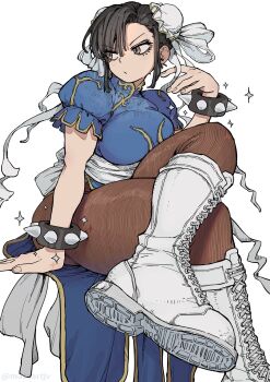 1girl artist_name blue_dress boots bracelet breasts brown_eyes brown_hair brown_pantyhose capcom china_dress chinese_clothes chun-li commentary_request double_bun dress full_body hair_bun highres invisible_chair jewelry large_breasts masaartjv pantyhose puffy_short_sleeves puffy_sleeves short_hair short_sleeves sitting solo sparkle spiked_bracelet spikes street_fighter thigh_boots twitter_username white_boots