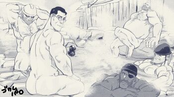 10matotomp 1other 5boys arm_hair ass bald beanie beard biceps chest_hair combat_helmet completely_nude convenient_censoring dark-skinned_male dark_skin demoman_(tf2) engineer_(tf2) facial_hair fat fat_man gas_mask glasses goggles golden_kamuy hard_hat hat hat_over_eyes heavy_(tf2) helmet highres leg_hair looking_at_viewer male_focus mask mature_male medic_(tf2) monochrome multiple_boys muscular muscular_male nude onsen parody partially_submerged pyro_(tf2) scene_reference smile soldier_(tf2) steam steam_censor strongman_waist stubble team_fortress_2