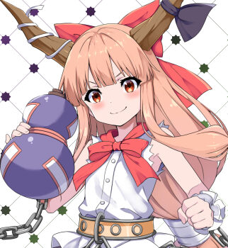 Rule 34 | 1girl, blonde hair, blush, bow, bowtie, brown horns, chain, closed mouth, commentary request, gourd, hair bow, highres, holding, holding gourd, horn ornament, horn ribbon, horns, ibuki suika, long hair, looking at viewer, new kamiyan, oni, red bow, red bowtie, red eyes, ribbon, shirt, smile, solo, touhou, upper body, white shirt