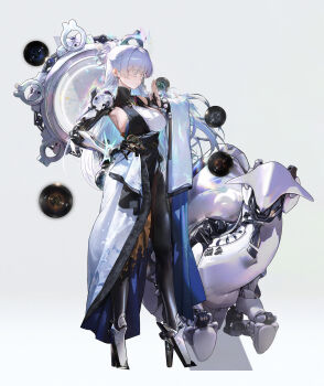 1girl absurdres bead_bracelet beads blue_haori bracelet breasts closed_eyes colored_eyelashes dfm_(darknessdfm) full_body goddess_of_victory:_nikke grey_hair haori hat highres japanese_clothes jewelry jingasa large_breasts long_hair mechanical_arms mole mole_on_breast monk nayuta_(nikke) official_art print_haori sideboob single_mechanical_arm solo split-color_clothes thick_eyelashes very_long_hair white_eyelashes white_hair