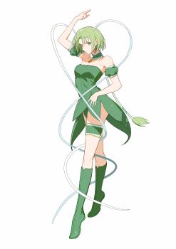 1girl absurdres antennae arm_up bare_arms bare_shoulders boots choker closed_mouth coattails collarbone commentary_request dancing detached_sleeves dress expressionless frilled_choker frilled_thigh_strap frills full_body green_boots green_choker green_dress green_eyes green_hair green_sleeves highres knee_boots knees magical_girl mew_lettuce midorikawa_lettuce morgue_(southsakura) pendant_choker pointy_nose puffy_short_sleeves puffy_sleeves short_dress short_hair short_sleeves simple_background solo standing strapless strapless_dress tailcoat thigh_strap tiptoes tokyo_mew_mew white_background