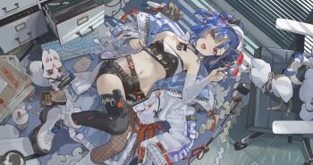 Rule 34 | 1girl, ammunition box, bare shoulders, belt, belt buckle, black belt, black shirt, black shorts, black thighhighs, blue hair, blue nails, boots, breasts, buckle, chair, character request, commentary, computer keyboard, controller, crop top, detached collar, ericx gasi, fishnet pantyhose, fishnets, game controller, game controller, gohei, grey hair, gun, handgun, highres, holding, holding removed eyewear, holster, indoors, jacket, looking at viewer, lying, multicolored hair, multiple belts, navel, office chair, on back, on floor, oonusa, open clothes, open jacket, open mouth, original, pantyhose, red eyes, shirt, short hair, short shorts, shorts, single leg pantyhose, single thighhigh, small breasts, stomach, streaked hair, swivel chair, thigh holster, thighhighs, tinted eyewear, unworn eyewear, weapon, white boots, white jacket