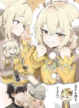 >_< +++ 1boy 2girls :d absurdres bandaid bandaid_on_face bandaid_on_nose black_shoes blonde_hair brown_hat brown_shawl centi_(nikke) closed_eyes commander_(nikke) double_thumbs_up drawstring dress flower goddess_of_victory:_nikke grin hair_ornament hands_up hard_hat hat helmet highres imagining liter_(cute_sunflower)_(nikke) liter_(nikke) long_sleeves looking_at_viewer maton_3110 multiple_girls multiple_views musical_note open_mouth pom_pom_(clothes) pom_pom_hair_ornament raised_eyebrow shawl shoes sidelocks smile sunflower thumbs_up translation_request xd yellow_dress yellow_helmet