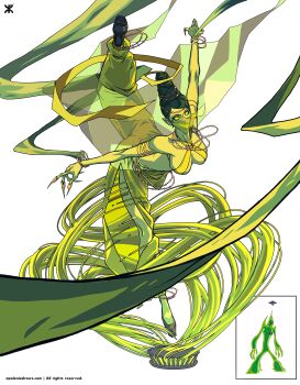 1girl absurdres apoloniodraws baggy_pants ben_10 ben_10:_alien_force breasts colored_skin dancer dancing fingernails genderswap genderswap_(mtf) goop_(ben_10) green_eyes green_skin highres leg_up mouth_veil no_pupils omnitrix pants pointy_ears sharp_fingernails veil