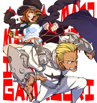 Rule 34 | 10s, 1boy, 1girl, 244 (bo-z), banchou, blonde hair, brown hair, clenched teeth, delinquent, gamagoori ira, hat, jacket, jacket on shoulders, kill la kill, mankanshoku mako, open mouth, round teeth, short hair, spikes, teeth, uniform