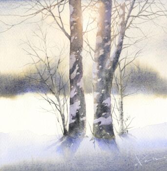 Rule 34 | artist name, bare tree, harusaki kanta, hashtag-only commentary, highres, morning, nature, no humans, original, outdoors, painting (medium), snow, traditional media, tree, watercolor (medium)