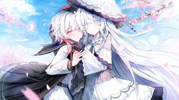 2girls absurdres beret black_gloves black_hat blue_sky bug butterfly cherry_blossoms closed_mouth cloud cowboy_shot day dress ehhoooa flower frilled_dress frilled_sleeves frills gloves gradient_hair hair_flower hair_ornament hand_on_another&#039;s_face hat hat_flower highres insect long_hair long_sleeves looking_at_another mahou_shoujo_no_majo_saiban multicolored_hair multiple_girls outdoors pink_eyes pink_hair sakuraba_ema short_hair sky smile spoilers standing tsukishiro_yuki white_dress white_flower white_hair white_hat x_hair_ornament