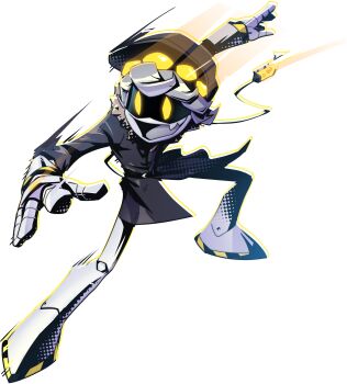 absurdres belt black_belt black_coat black_hat black_sleeves cable cable_tail coat fake_tail fang fewer_digits fur_collar glitch_productions glitchx grey_hair grey_tongue halftone happy hat highres humanoid_robot joints legs_apart long_sleeves mansizedmeatbls mechanical_arms mechanical_hair mechanical_hands mechanical_head mechanical_legs mechanical_tail metal_hair metal_skin murder_drones n_(murder_drones) no_humans no_pants official_art open_mouth robot robot_joints screen second-party_source short_hair skin_fang sleeves_rolled_up smear_frame syringe tail tongue yellow_eyes