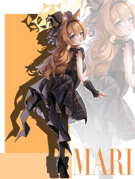 1girl absurdres animal_ear_fluff animal_ears black_hairband black_hat black_pantyhose black_shoes black_skirt blue_archive blue_eyes blush cat_ears cat_girl commentary_request grey_shirt hairband halo hat highres idol korean_commentary lazy_jeyuk_bokkeum looking_at_viewer low_ponytail mari_(blue_archive) mari_(idol)_(blue_archive) multicolored_hair official_alternate_costume official_alternate_hairstyle open_mouth orange_hair pantyhose ponytail shirt shoes skirt sleeveless sleeveless_shirt solo standing standing_on_one_leg streaked_hair wrist_cuffs yellow_halo