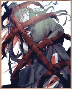 1boy bandaged_arm bandages black_hair black_robe blood blood_from_mouth blood_on_clothes blood_on_face blood_on_ground blood_on_hands bone bug butterfly eye_print hand_up hidrogenxxxng insect jyu_viole_grace long_hair long_sleeves looking_at_viewer lying male_focus on_back original ponytail ribs robe shadow solo spine tower_of_god twenty-fifth_bam yellow_eyes