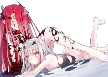 2girls ass black_eyes blush breasts comiket_105 completely_nude fate/grand_order fate_(series) forked_eyebrows hair_between_eyes hair_over_one_eye heterochromia highres legs long_hair looking_at_viewer lying melusine_(fate) multiple_girls nude on_stomach petite red_hair sidelocks sitting small_breasts typhon_ephemeros_(chaos_tide)_(fate) typhon_ephemeros_(fate) very_long_hair white_hair yellow_eyes yubeshi_(zecxl)